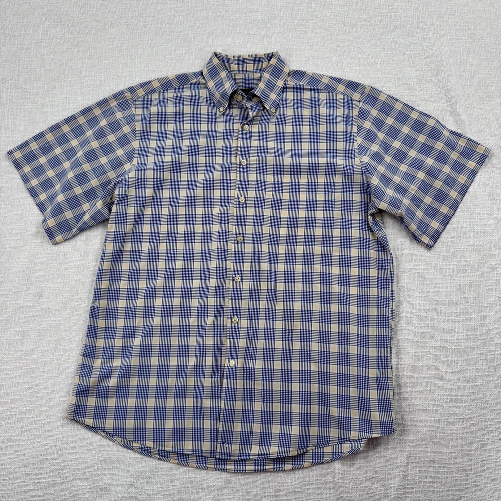 Scott Barber Mens Large Blue Tan‎ Plaid Cotton Short Sleeve Button Down Shirt